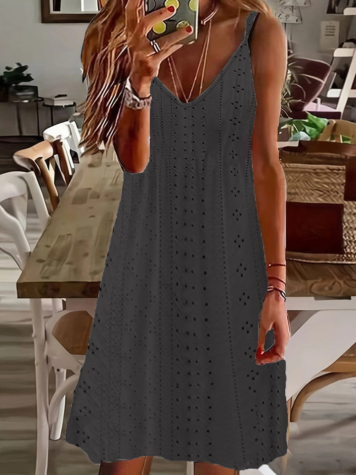 Damen Ärmelloses Sommerkleid mit dekorativem Lochmuster und V-Ausschnitt Drune