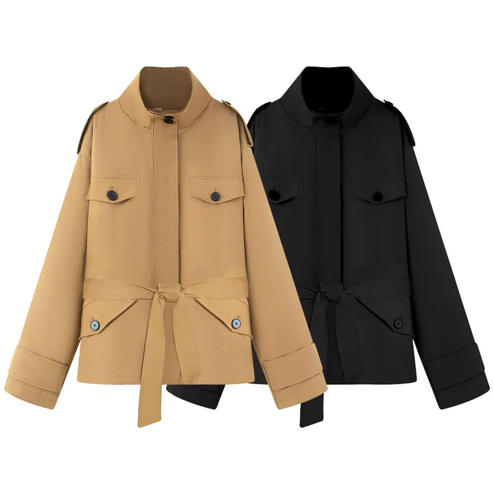 Damen nan funktionale Safari‑Jacke mit Taillengürtel, Pattentaschen und hoch geschlossenem Kragen Drune