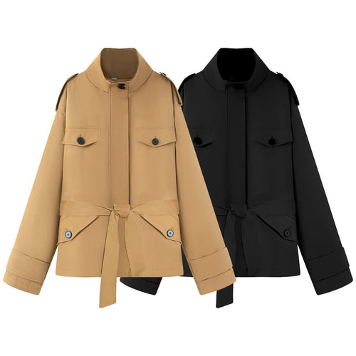 Damen nan funktionale Safari‑Jacke mit Taillengürtel, Pattentaschen und hoch geschlossenem Kragen Drune