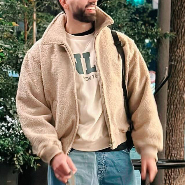 Herren Teddy-Fleece-Blouson mit Reißverschluss, Stehkragen und Rippbündchen Drune