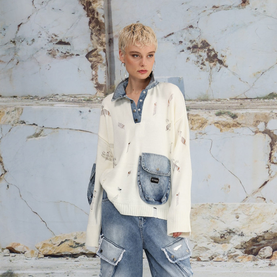 Damen Urbaner Oversized Pullover mit Denim-Details Drune