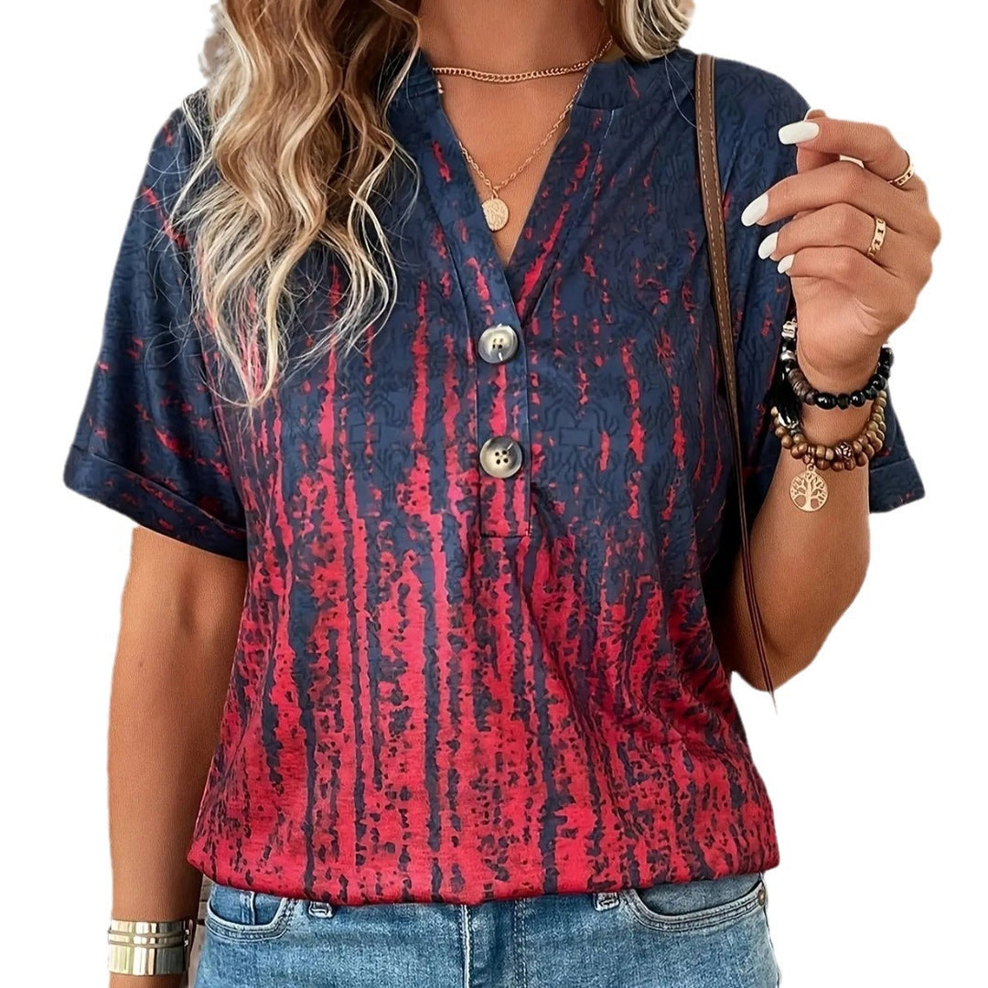 Damen Kurzarm-Bluse mit stylischem Knopf-Design und modischem Farbverlauf Drune
