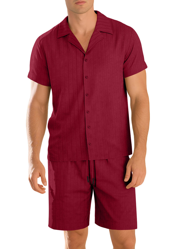 Herren nan Rippenstrick Lounge-Set mit Reverskragen Kurzarmhemd und Komfort-Bermuda Drune