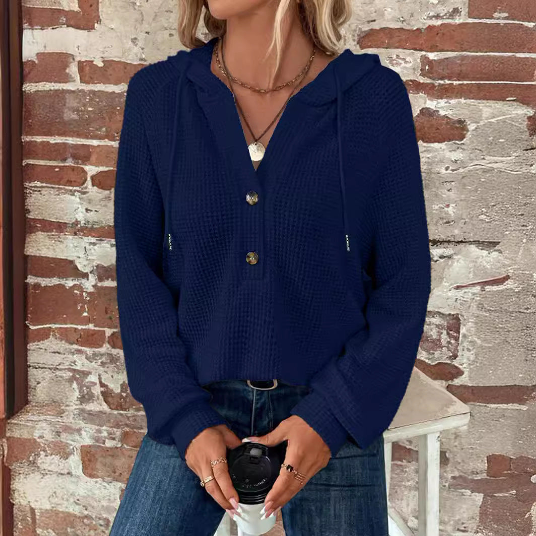 Damen Waffelstrick Kapuzenpullover mit Knopfleiste und Rüschenkragen Drune