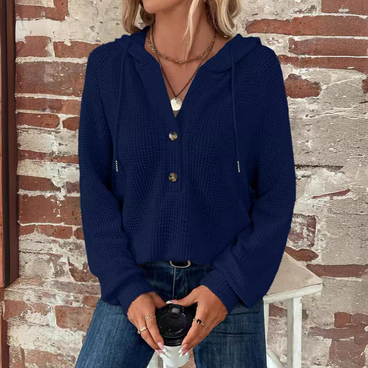 Damen Waffelstrick Kapuzenpullover mit Knopfleiste und Rüschenkragen Drune