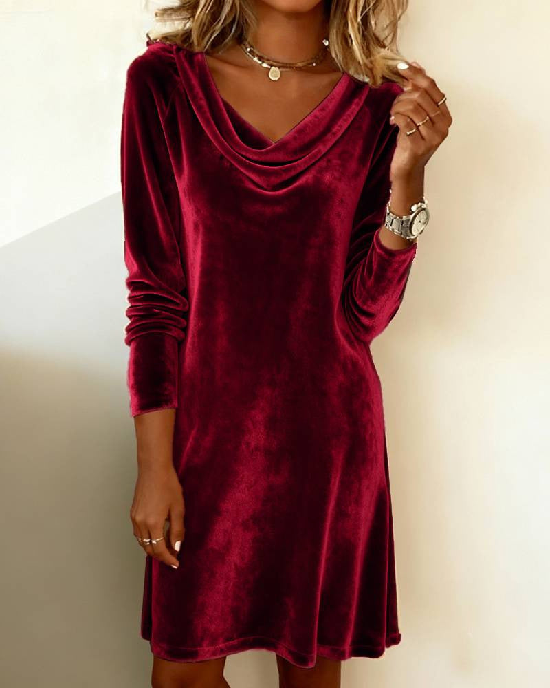 Damen Samt-Kleid mit Wasserfallkragen und lässiger A‑Linie Drune