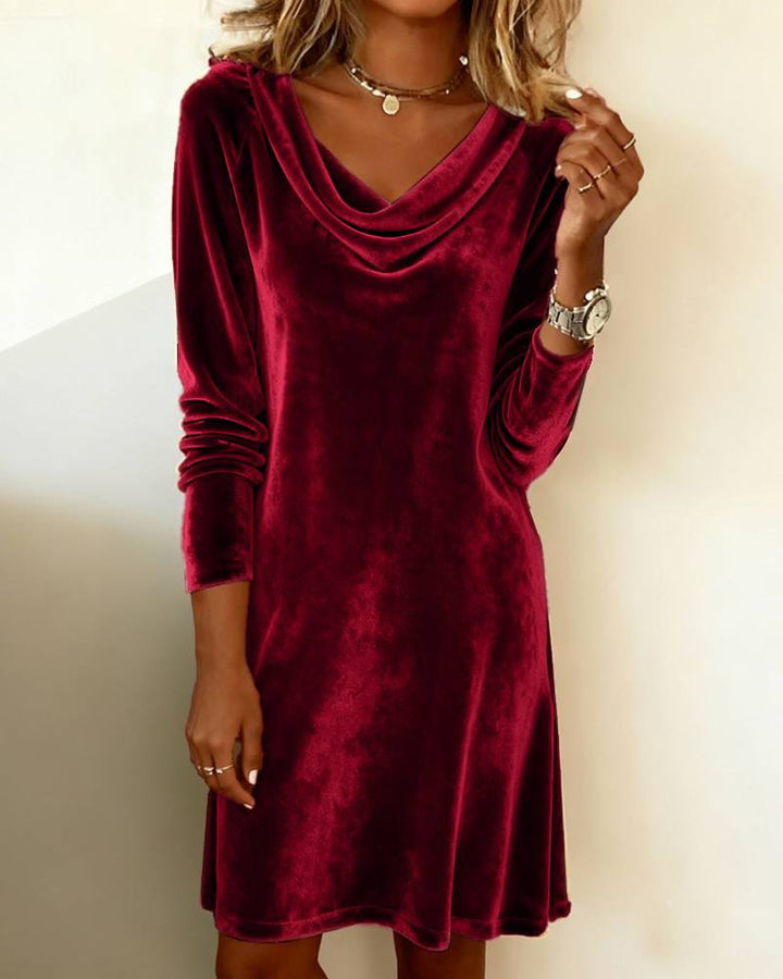 Damen Samt-Kleid mit Wasserfallkragen und lässiger A‑Linie Drune