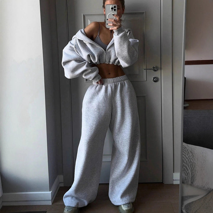 Damen nan kurzes Zip-Hoodie Cropped Sweatshirt mit Kordelzug, angesetzten Ballonärmeln und elastischem Saum Drune