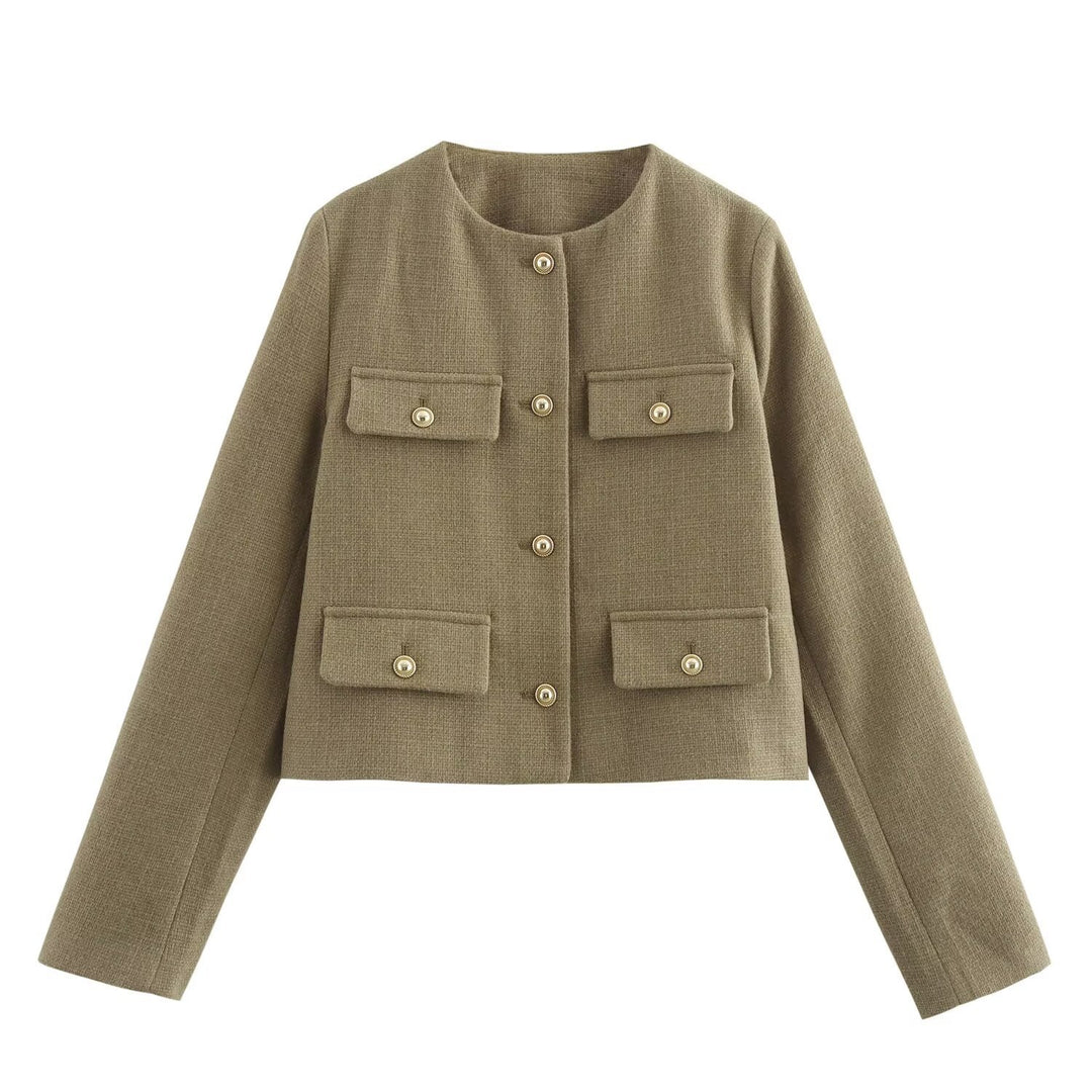 Damen Kurze Bouclé-Blazerjacke mit Rundhalsausschnitt, Zierleistentaschen und goldfarbenen Knöpfen Drune