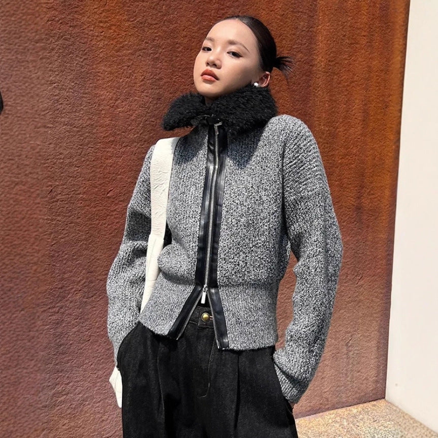 Damen Strickjacke mit kontrastierendem Kragen und seitlichem Reißverschluss Drune