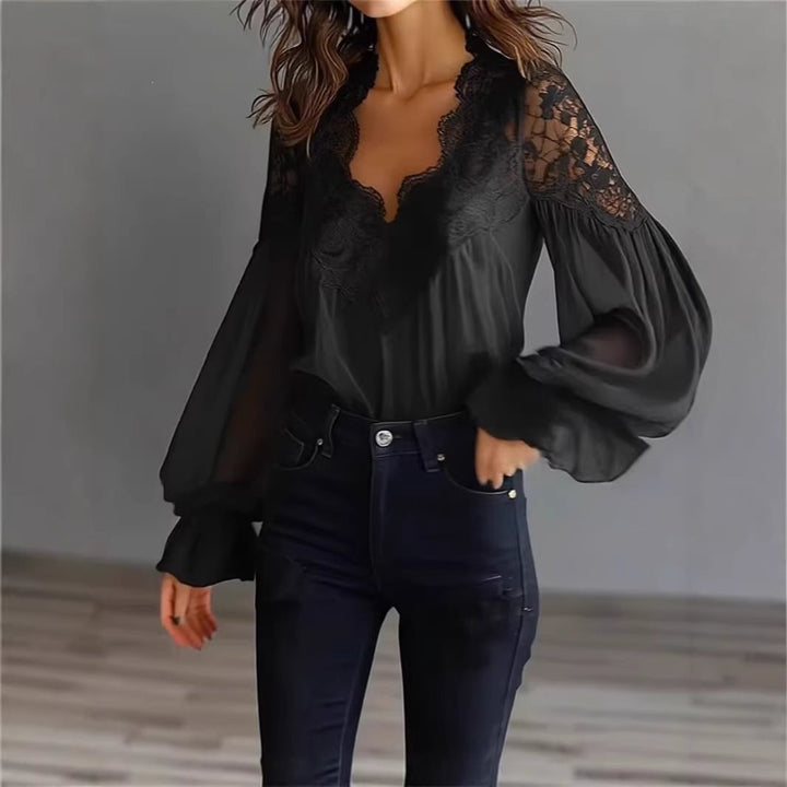 Damen Chiffon-Bluse mit Spitzen-V-Ausschnitt und weiten Plissee-Ärmeln Drune