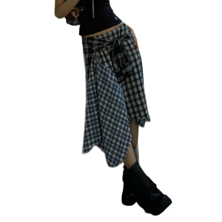 Damen Asymmetrischer Midirock im Karo-Patchwork mit Bundschärpe Drune