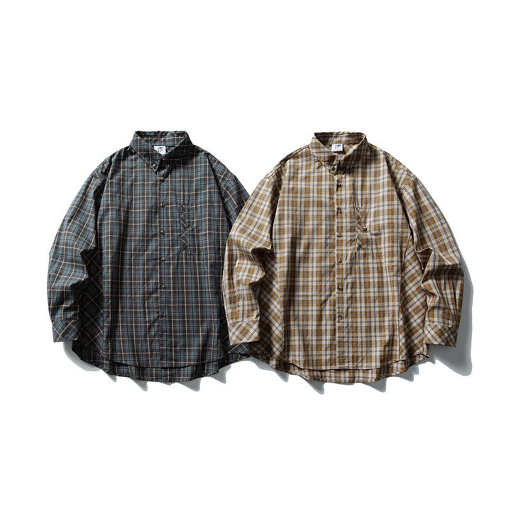 Unisex Oversize Kariertes Hemd mit Stehkragen, Brusttasche und gerundetem Saum Drune