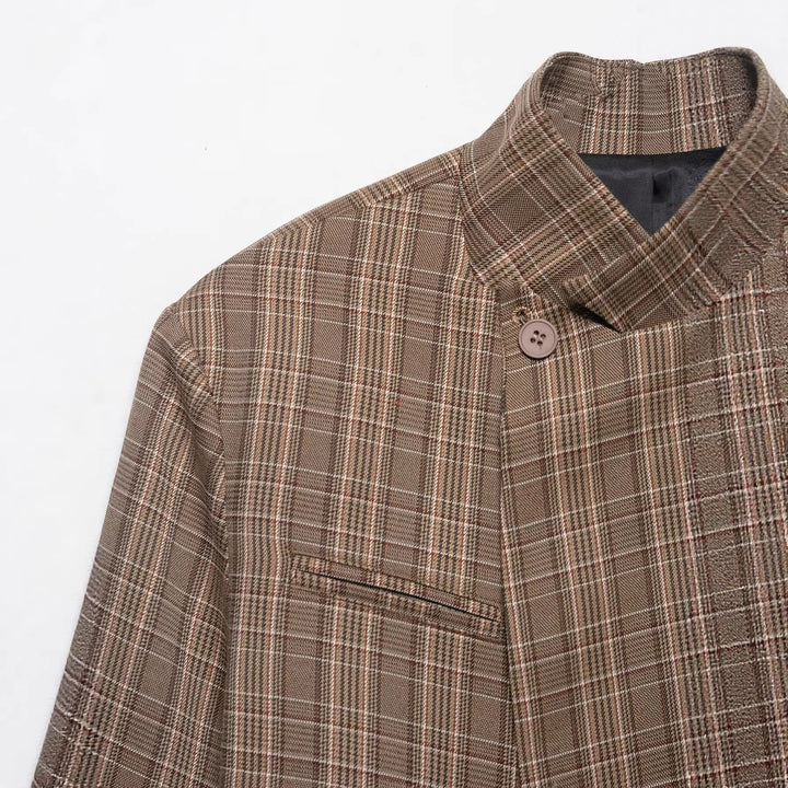 Damen Oversized Glencheck-Blazer mit Stehkragen und asymmetrischer Knopfleiste Drune