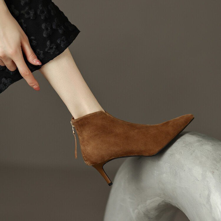 Damen Elegante spitze Stiefeletten mit raffinierter Fersenöffnung Drune