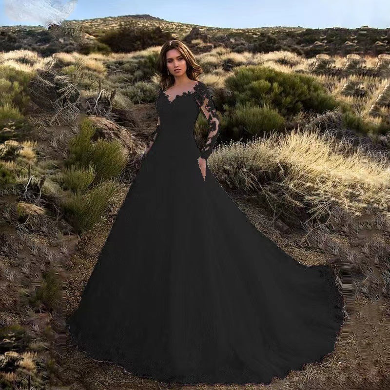 Damen Elegantes Spitzen-Abendkleid mit tiefem V-Ausschnitt und langen Ärmeln Drune