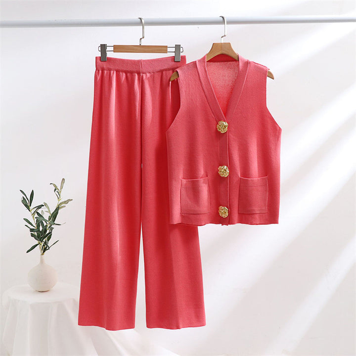 Damen elegantes Strick-Loungewear-Set mit Knopfdetaillierung Drune