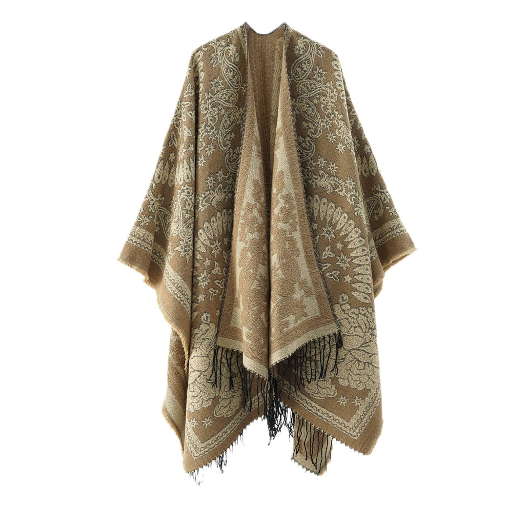Damen Jacquard-Umhangponcho aus Wollmix mit beidseitigem Paisley-Jacquard und Fransen Drune