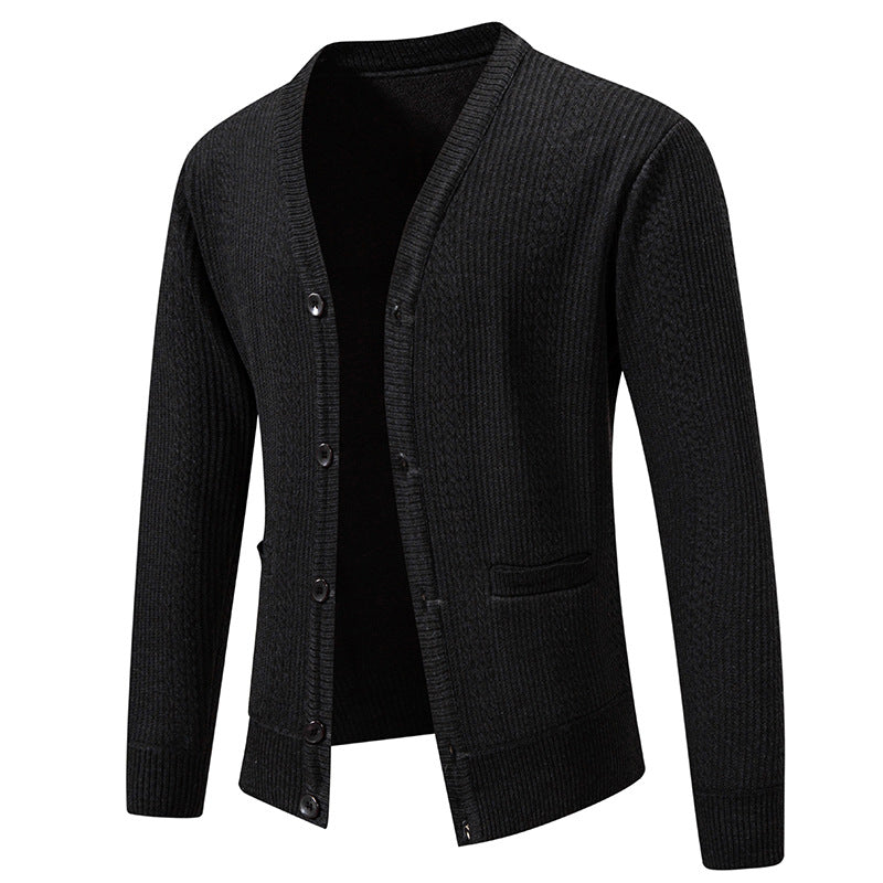 Herren Texturierter V-Ausschnitt Strickcardigan mit Knopfleiste und Eingrifftaschen Drune
