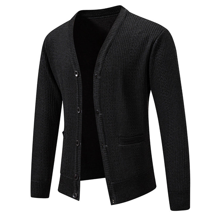 Herren Texturierter V-Ausschnitt Strickcardigan mit Knopfleiste und Eingrifftaschen Drune