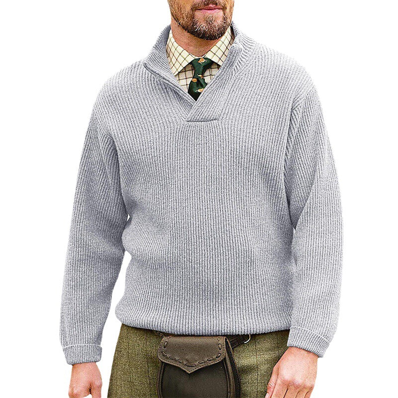Herren Rippenstrick-Pullover mit Schalkragen und kurzem V-Ausschnitt Drune