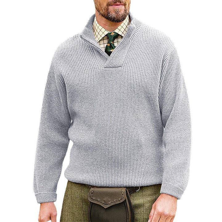 Herren Rippenstrick-Pullover mit Schalkragen und kurzem V-Ausschnitt Drune
