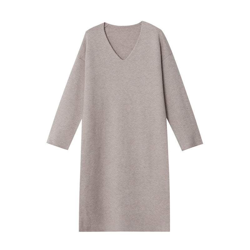 Damen lässiges Strickkleid mit V-Ausschnitt und eleganten Ärmelaufschlägen Drune