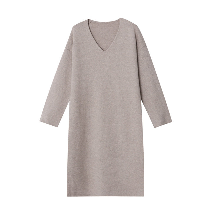 Damen lässiges Strickkleid mit V-Ausschnitt und eleganten Ärmelaufschlägen Drune