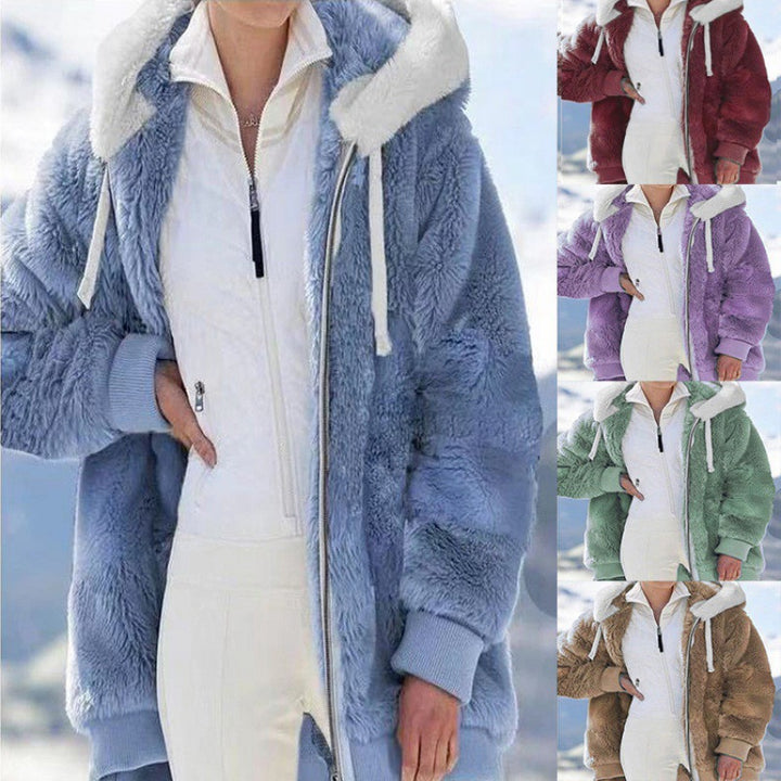 Damen Oversized Sherpa-Zipjacke mit Kontrastkragen, Rippbündchen und Kordelzug Drune