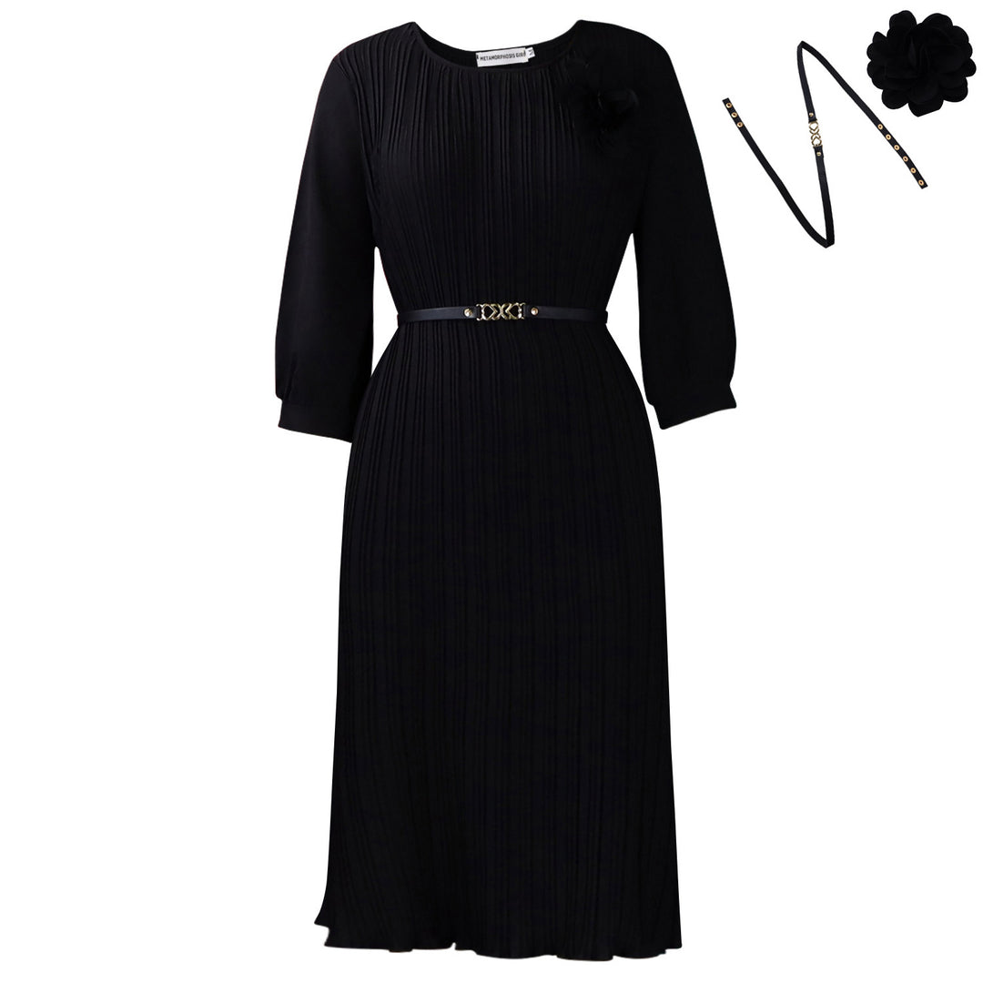 Damen Plissee Midi-Kleid mit eleganter Blumenapplikation und abnehmbarem Gürtel Drune