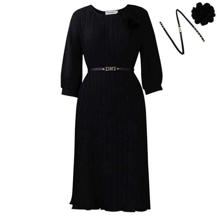Damen Plissee Midi-Kleid mit eleganter Blumenapplikation und abnehmbarem Gürtel Drune