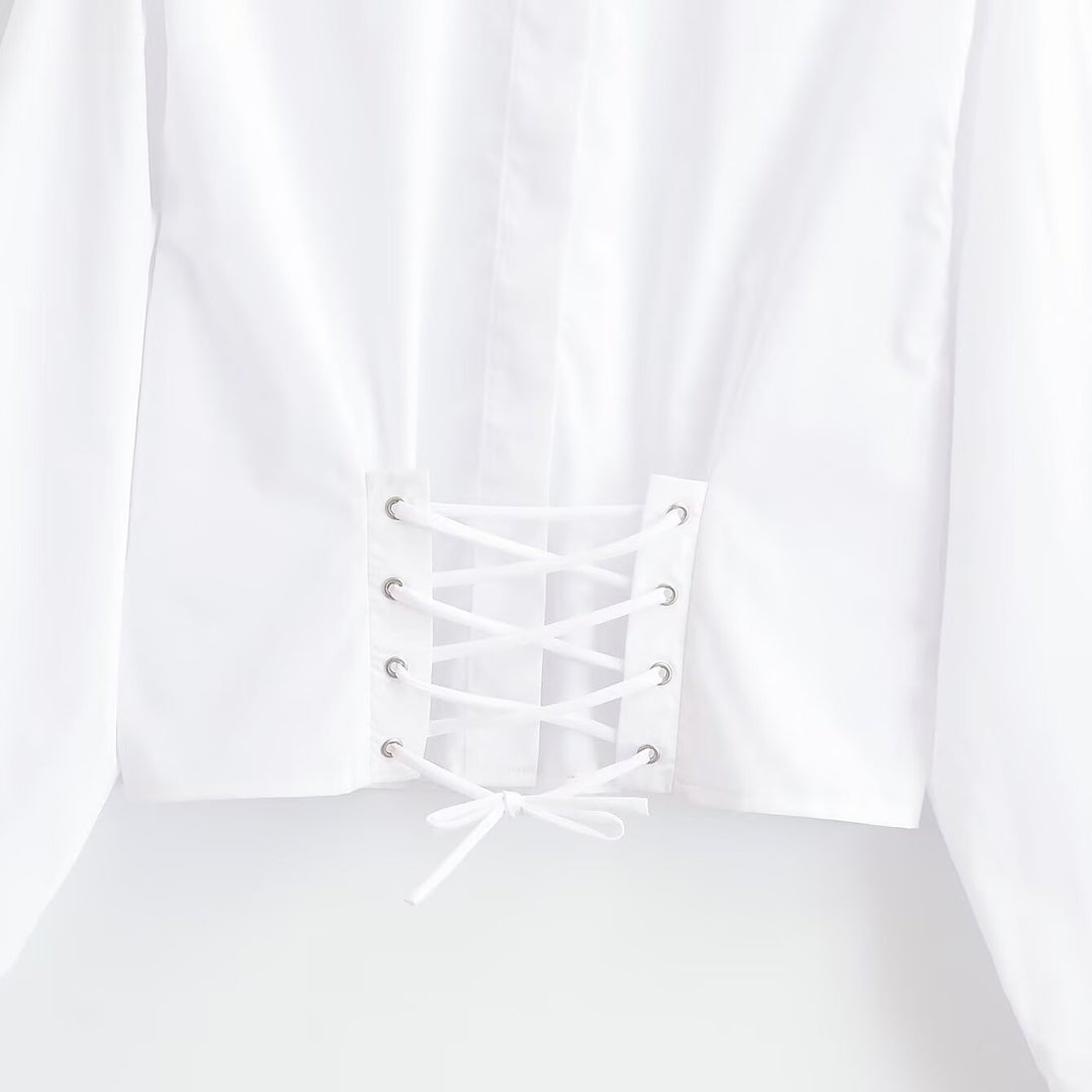 Damen Cropped Bluse mit Schnürkorsett‑Taillierung und Stehkragen Drune