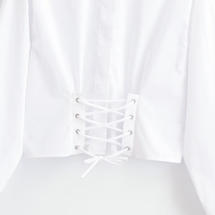 Damen Cropped Bluse mit Schnürkorsett‑Taillierung und Stehkragen Drune