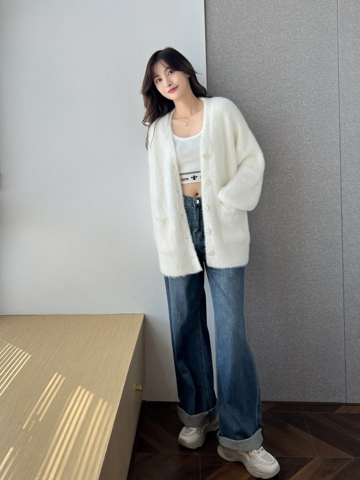 Damen Flauschige Strickjacke mit Taschen und breitem Revers Drune