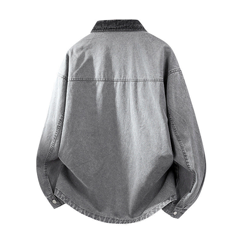 Herren Oversize Denim-Hemdjacke mit Kontrasttasche und Druckknopfleiste Drune