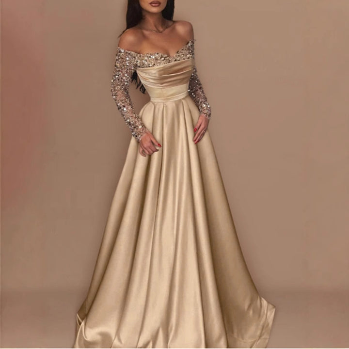 Damen Elegantes Ballkleid mit schimmerndem Oberteil und langen, bestickten Ärmeln Drune