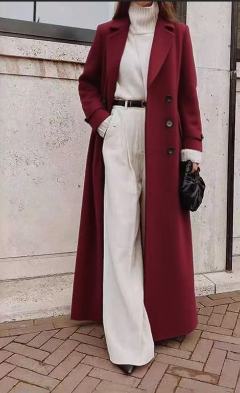 Damen Langer doppeltreihiger Wollmantel mit Reverskragen und taillierter Silhouette Drune