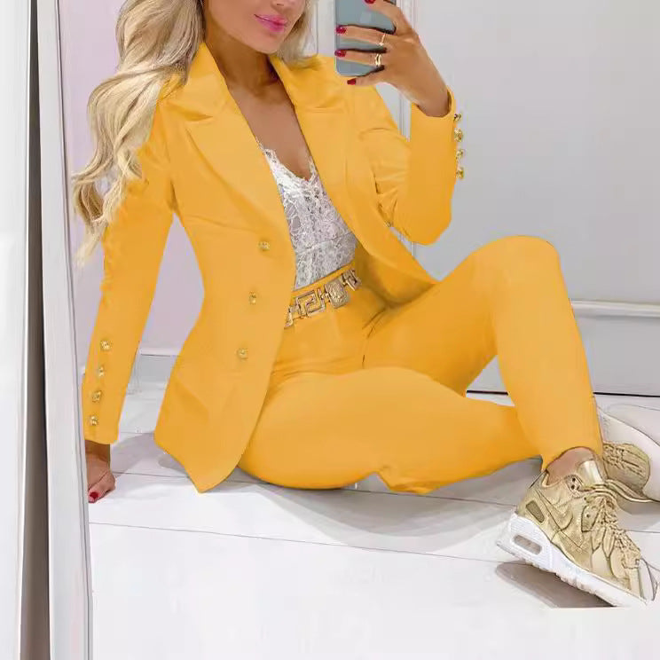 Damen nan tailliertes Doppelreiher-Blazer-Set mit goldknopf-Detail und hochtaillierter Slimhose Drune