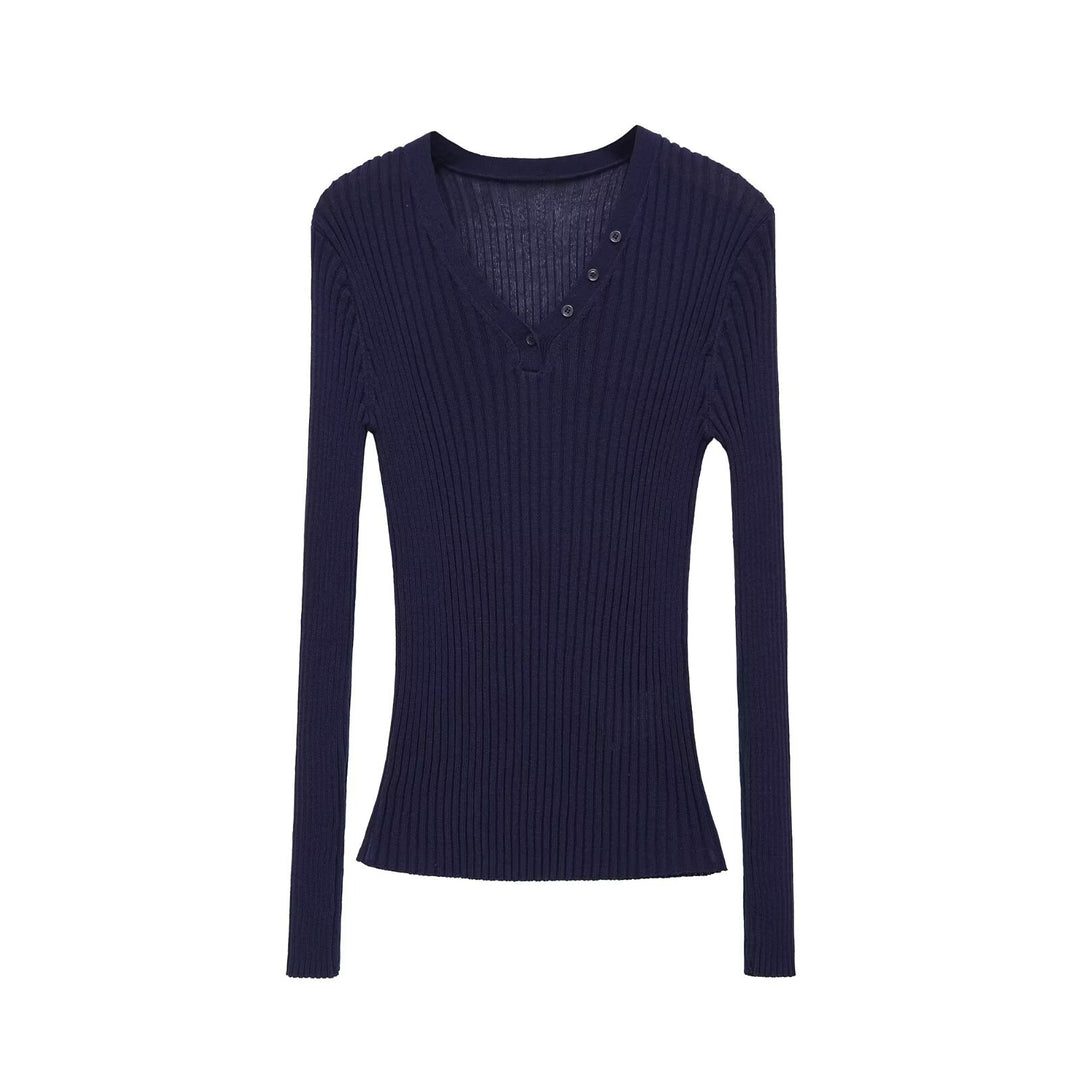 Damen Figurbetontes Rippstrick-Longsleeve mit V-Ausschnitt und Zierknopfleiste Drune