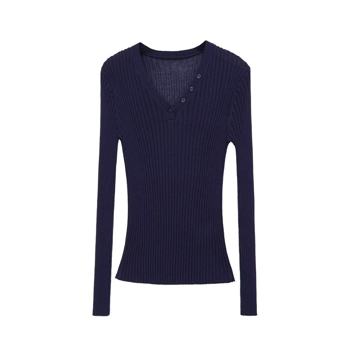 Damen Figurbetontes Rippstrick-Longsleeve mit V-Ausschnitt und Zierknopfleiste Drune