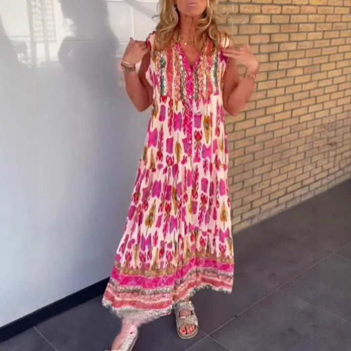 Damen nan fließendes Maxikleid im Boho-Stil mit V-Ausschnitt, Stufenrock und bestickter Passe Drune