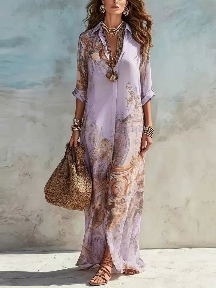 Damen Langarmshirt Kleid im Boho Barock Druck aus luftiger Chiffonqualität Drune