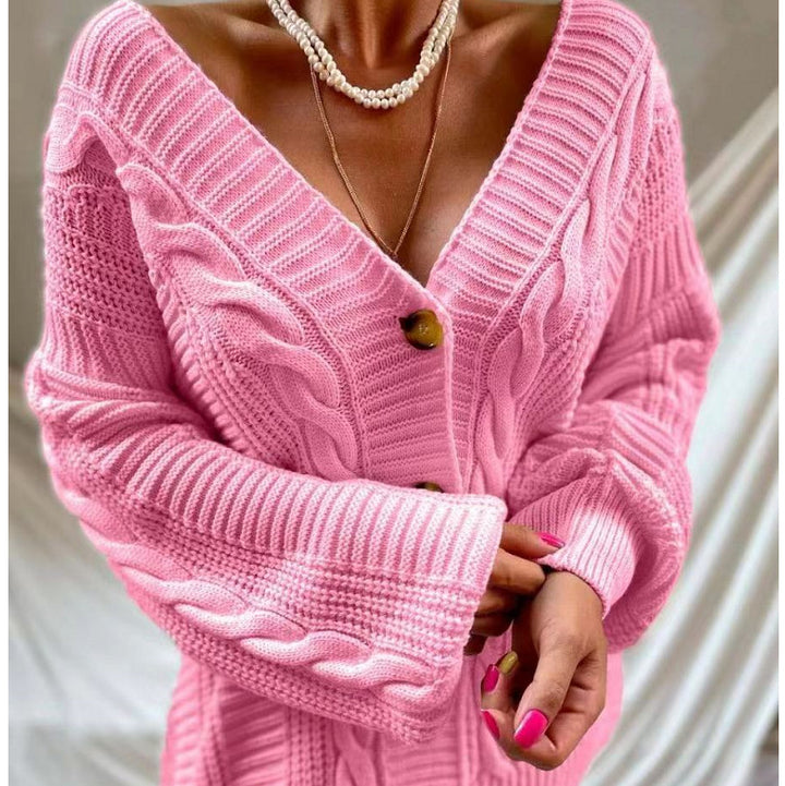 Damen Grobstrickjacke mit voluminösen Ärmeln und Knopfdetail Drune