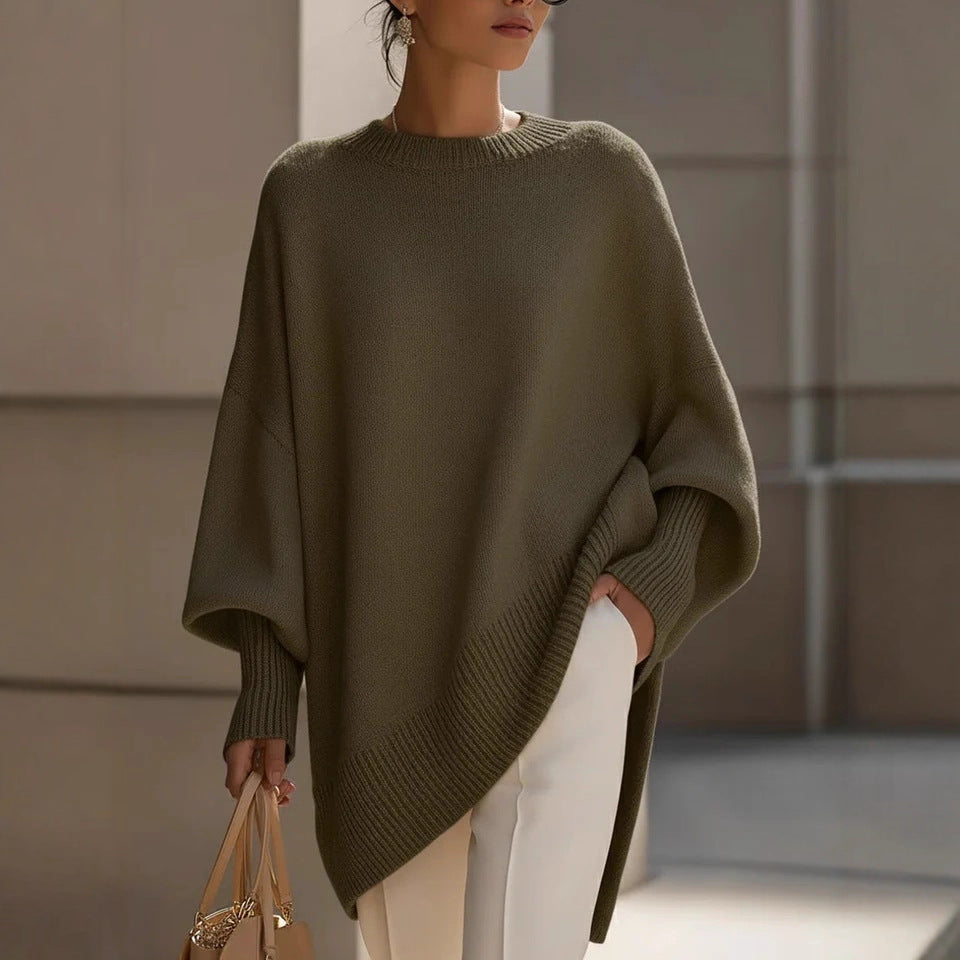 Damen nan Oversize Strickponcho mit asymmetrischem Saum und gerippten Ärmeln Drune