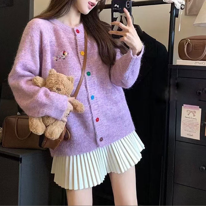 Damen Strickjacke mit bunten Knöpfen und gesticktem Motiv Drune