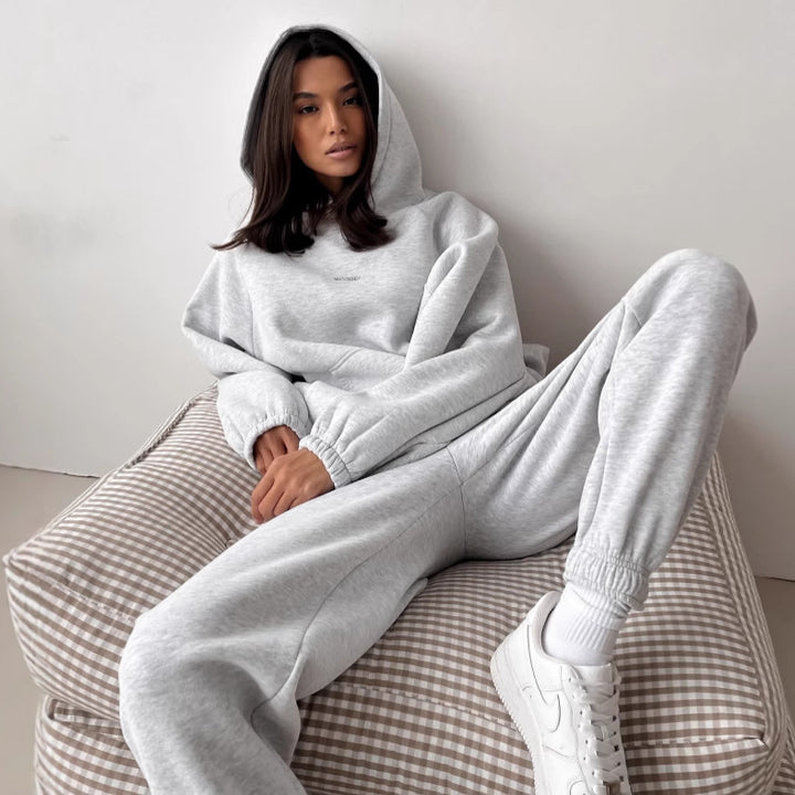 Damen lässiges Lounge-Set aus French-Terry mit oversized Cropped-Sweatshirt und hoher Taillen-Jogginghose Drune