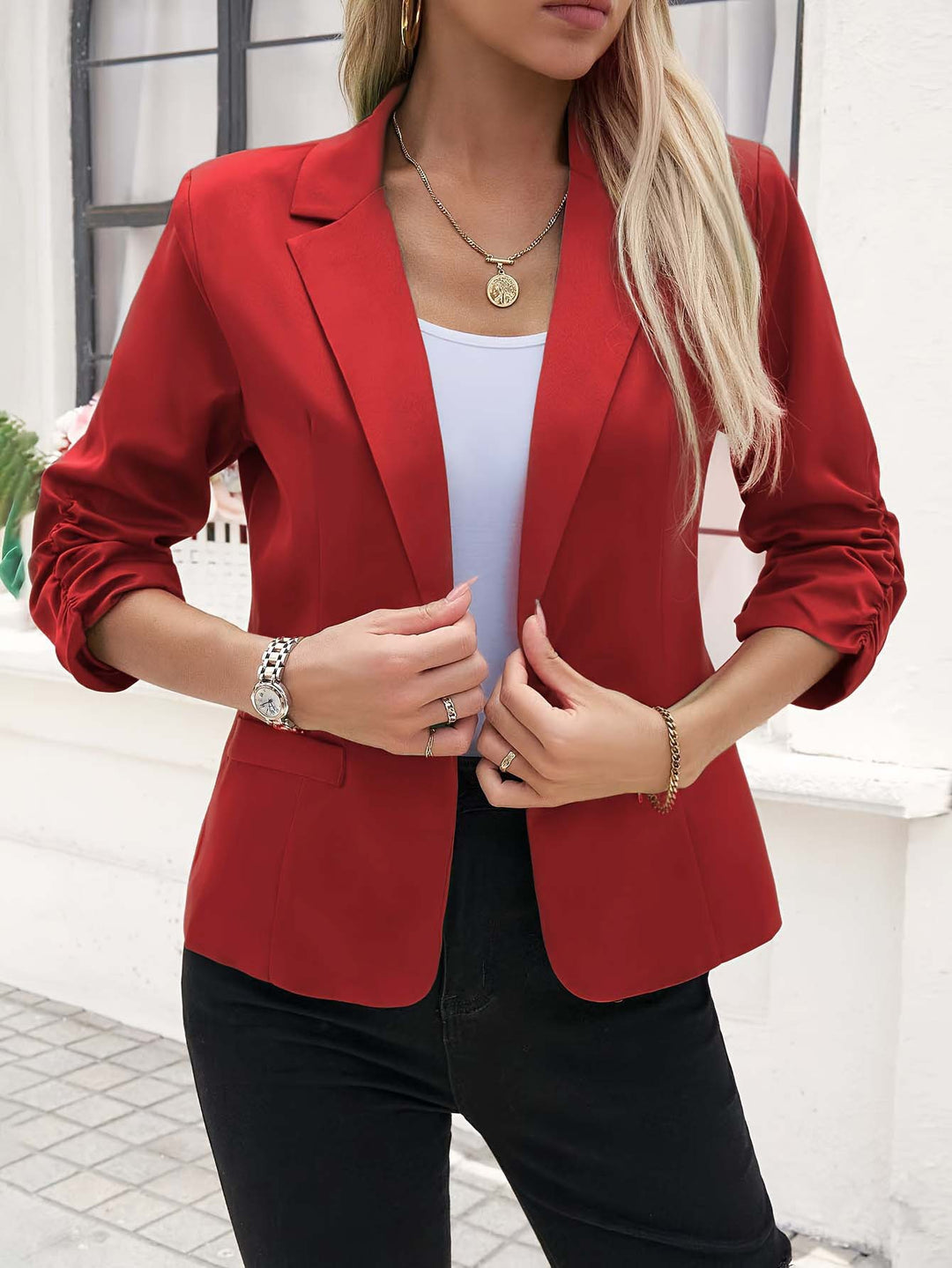 Damen Figurschmeichelnder Blazer mit gerafften Dreiviertelärmeln und schmalem Revers Drune