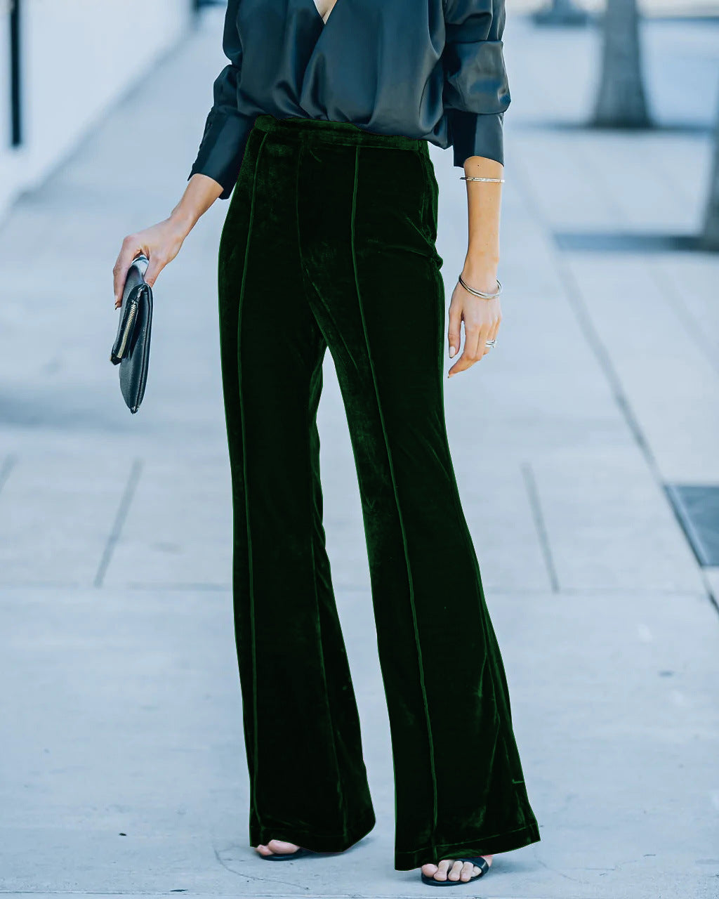 Damen High-Waist Samt Flared Weite Bein Hose Drune