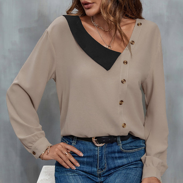 Damen Elegante Bluse mit asymmetrischem Kragen und Knopfdetails Drune