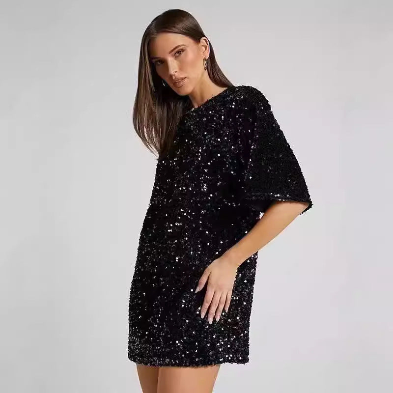Damen Funkelndes Pailletten-Kleid mit lockeren Ärmeln und Rundhalsausschnitt Drune